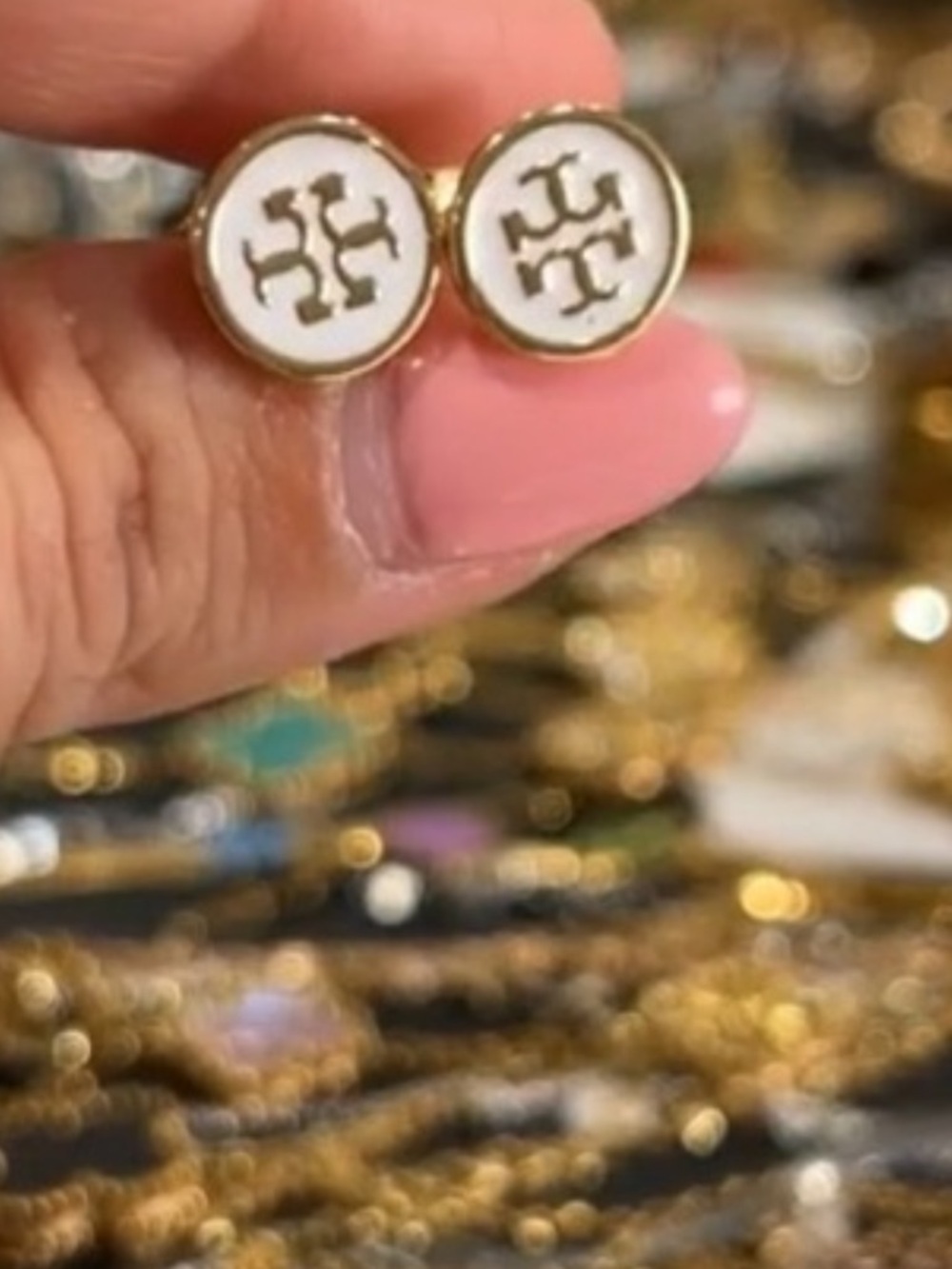 Tory Burch White Enamel and Gold Logo Round Stud Earrings